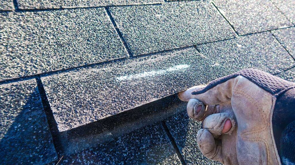 Close view of layered metal flashing around a chimney where shingles meet a roof surface.