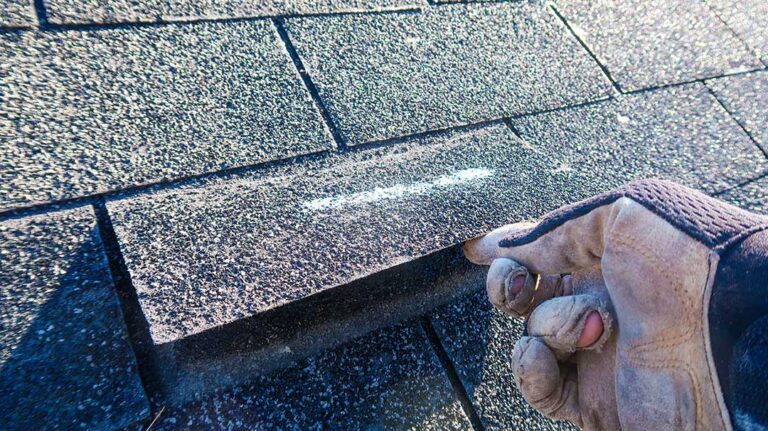 Close view of layered metal flashing around a chimney where shingles meet a roof surface.