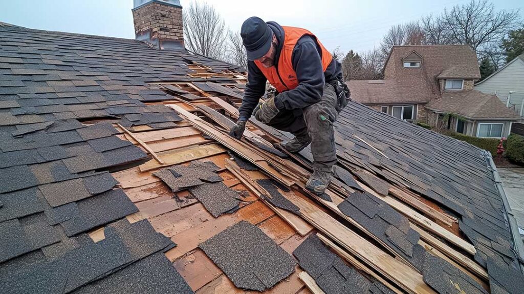 Two roofers working on a shingled roof with safety gear on a clear day