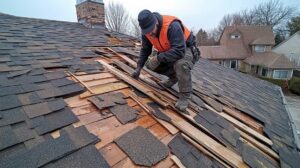 Two roofers working on a shingled roof with safety gear on a clear day